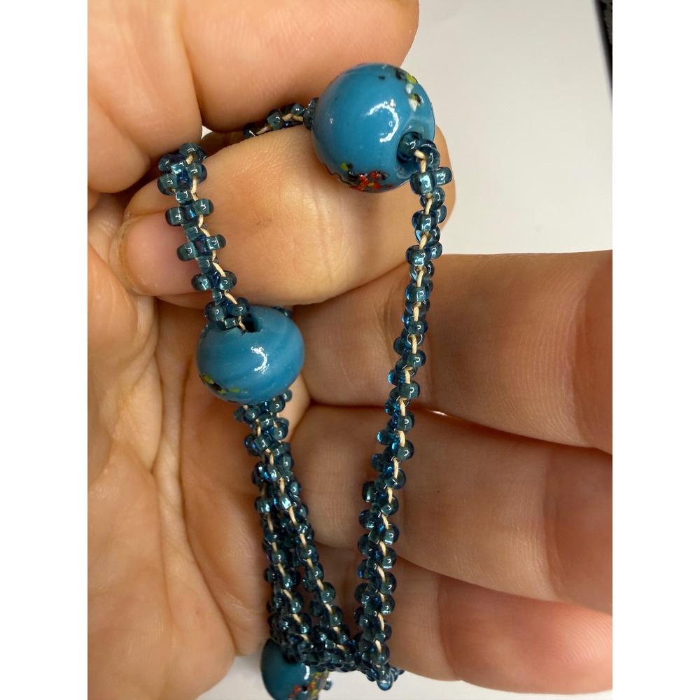 Handmade Woven Teal Seed Bead Necklace with Turquoise Floral Glass Accents 20in